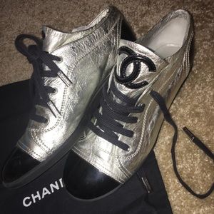 CHANEL lace up silver and black shoes